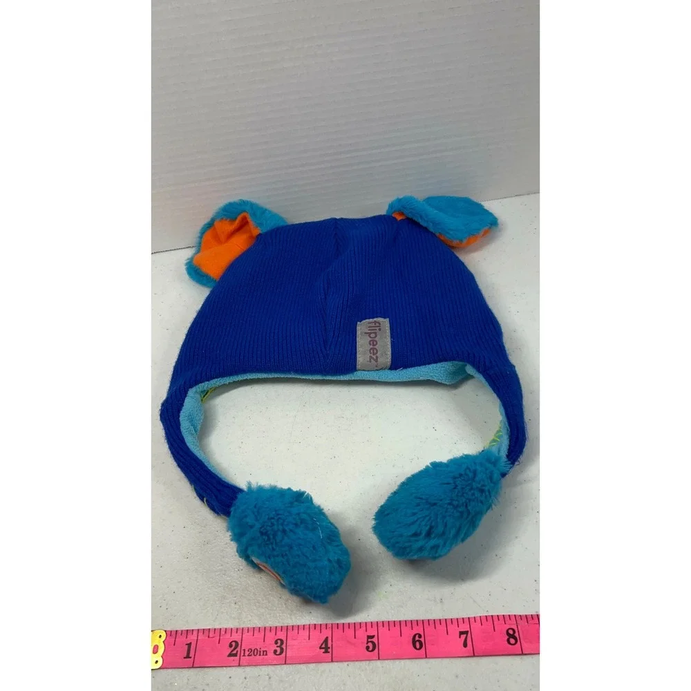 Flipeez Blue Monster Action Hat Kids Knit Beanie Ears Flip Up Laplander One Size